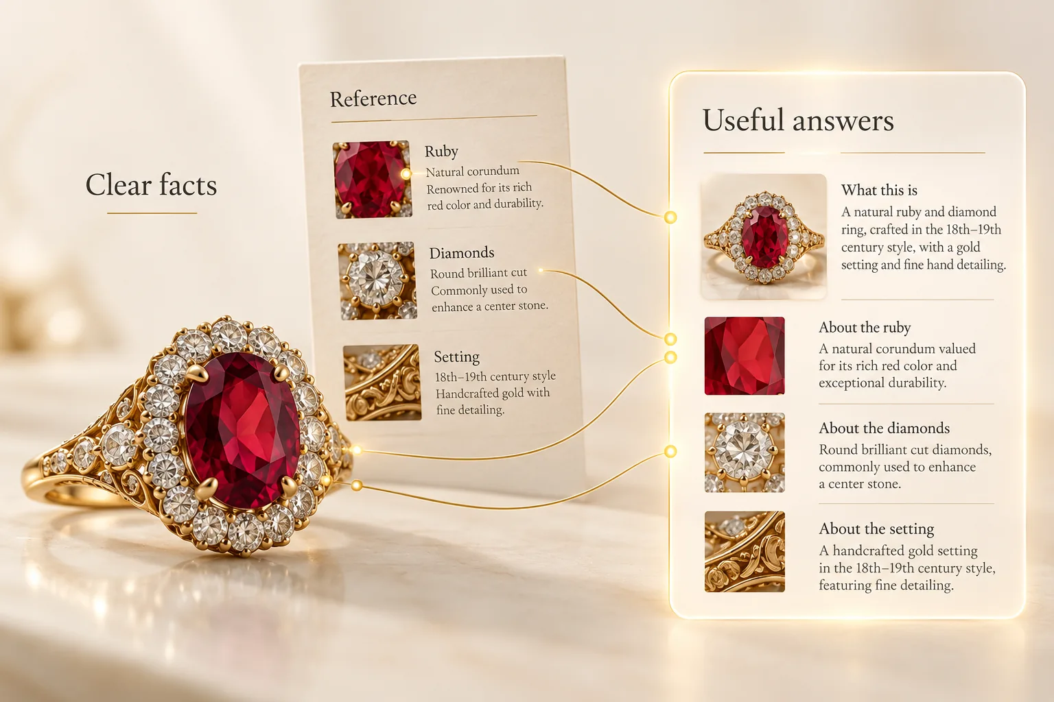 Ruby ring and a reference card linked to useful answer panels to illustrate AI search understanding