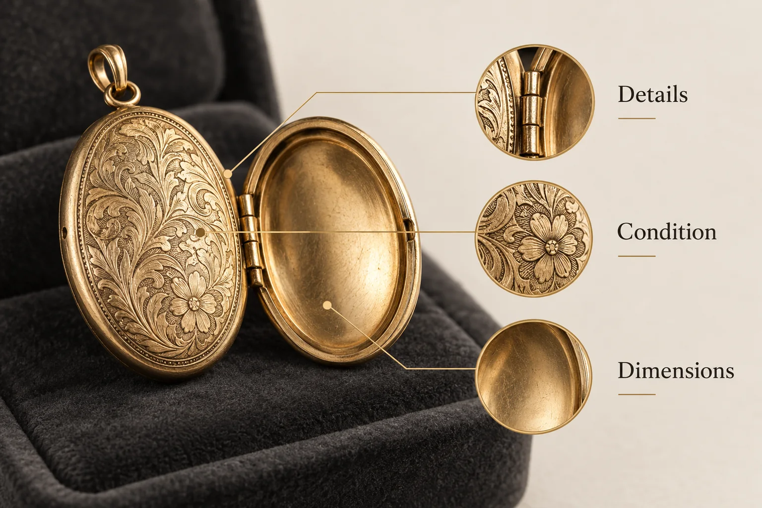 An illustrated engraved gold locket is paired with detail, condition and dimension callouts.