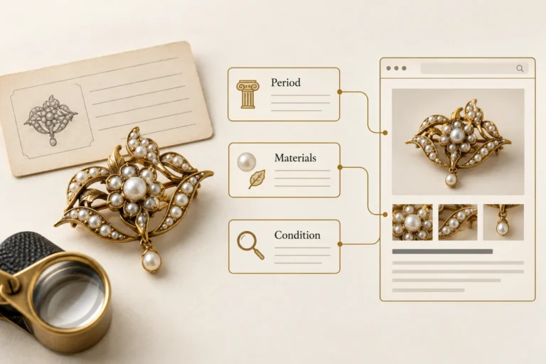 Period, materials and condition information connect an illustrated antique-style pearl brooch to a product page.