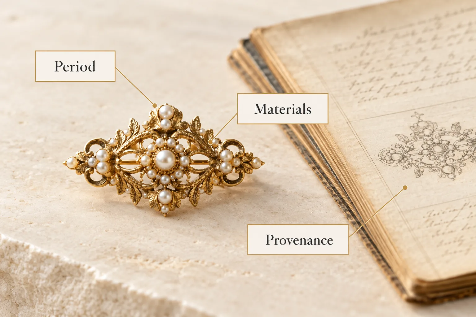 Antique brooch beside an archival folio with period, materials and provenance callouts