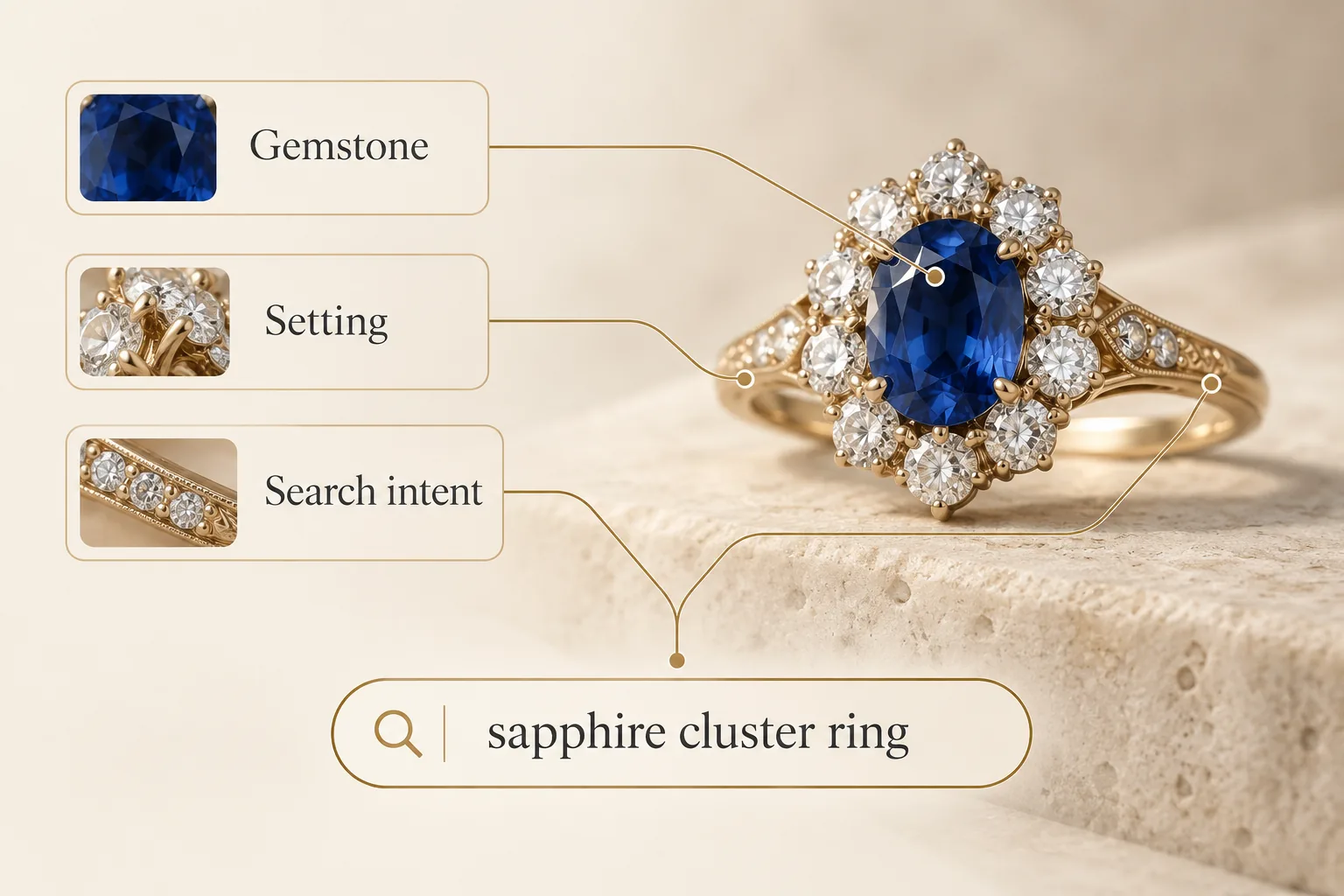 Sapphire cluster ring connected to gemstone, setting and search intent in a jewelry SEO illustration