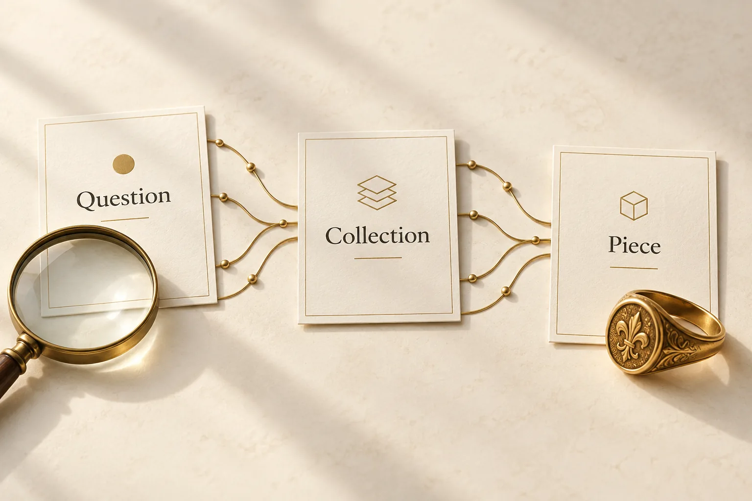 Question, collection and piece cards connected by gold paths beside a signet ring