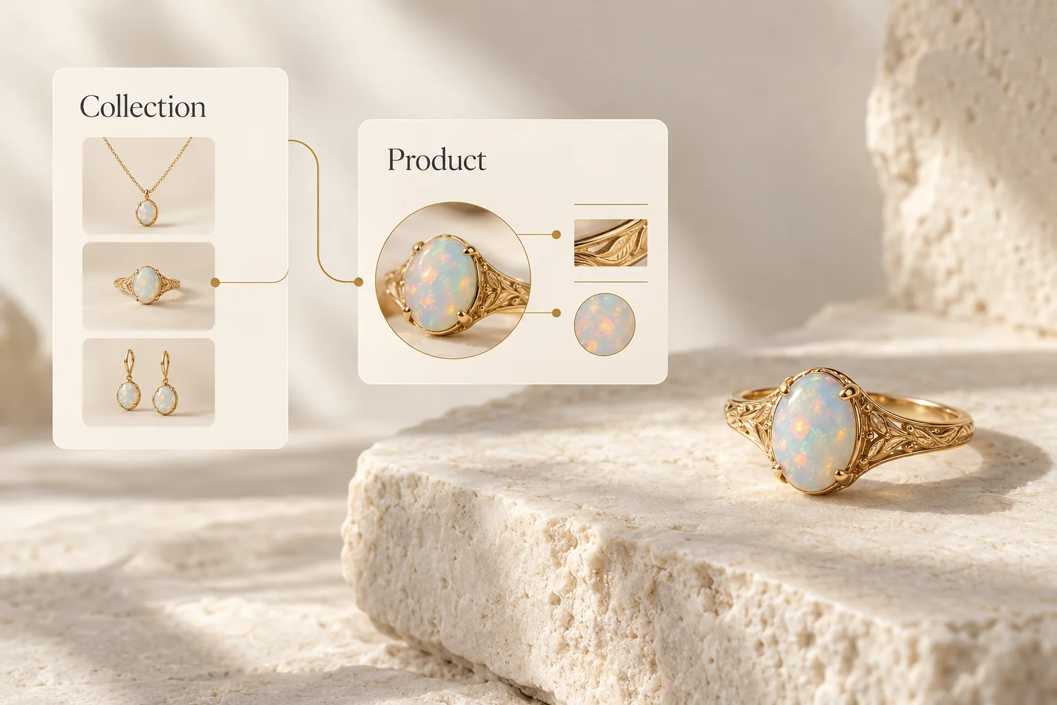 Collection and product cards linked to an opal ring to illustrate jewelry page structure