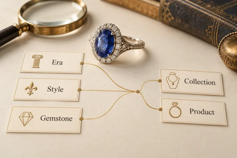 Era, style and gemstone keyword cards connect to collection and product destinations beside an illustrated sapphire ring.