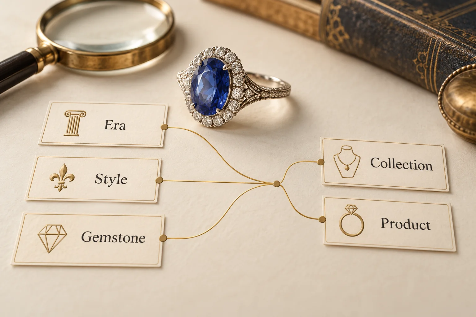 Era, style and gemstone keyword cards connect to collection and product destinations beside an illustrated sapphire ring.