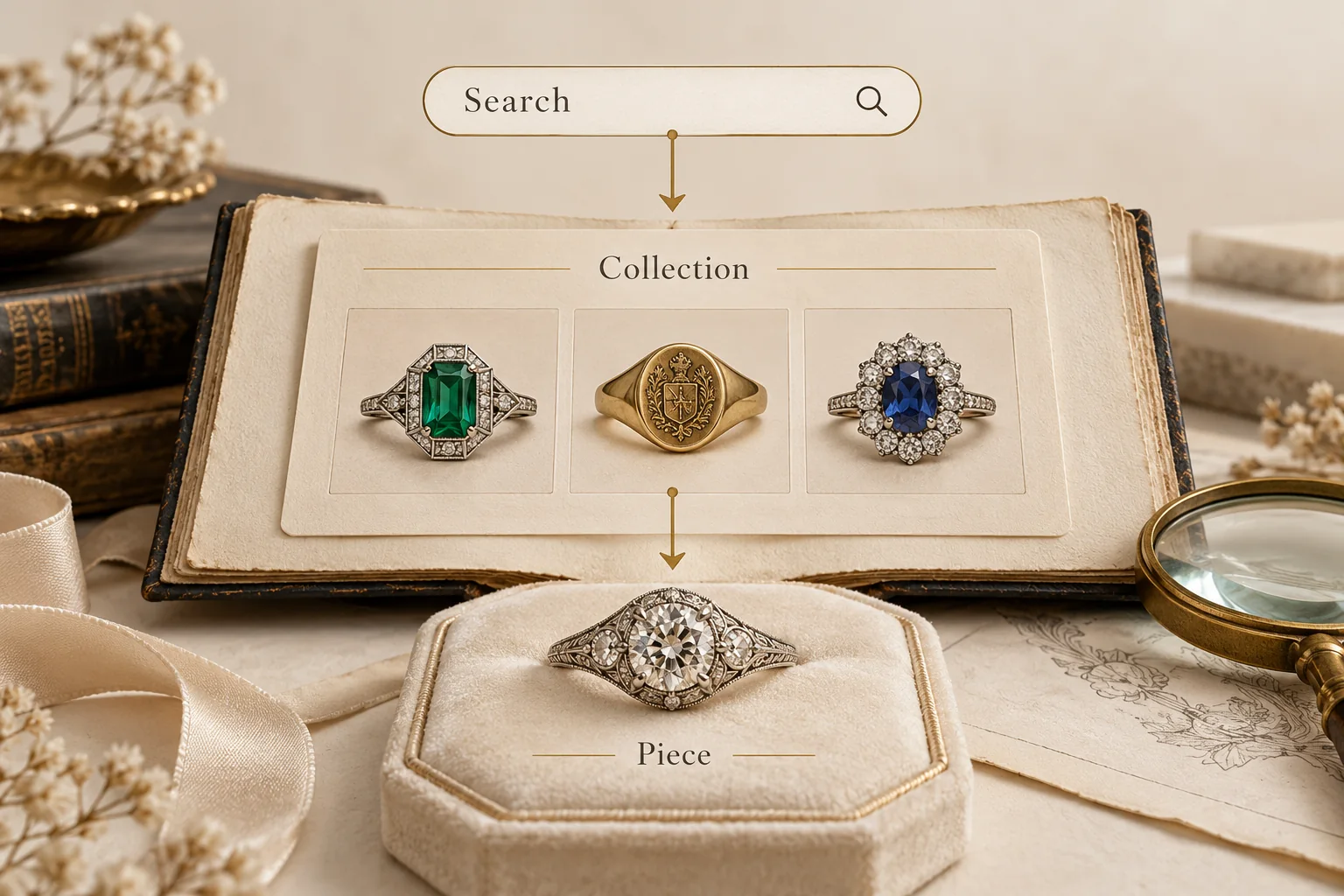 Search connects a collection of vintage rings to an individual diamond ring in a conceptual editorial illustration.