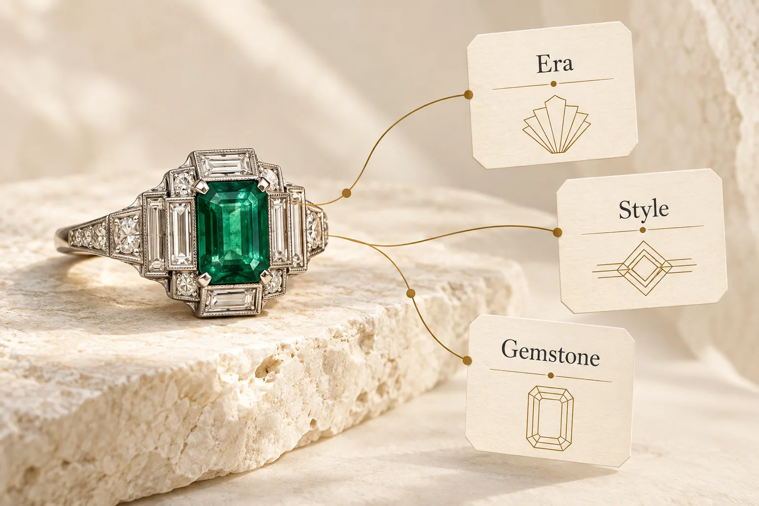 Emerald vintage ring linked to era, style and gemstone cards to illustrate search discovery